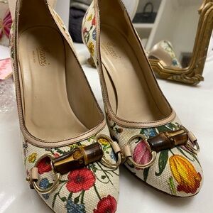 Gucci Floral Canvas Heels with Gold Accents